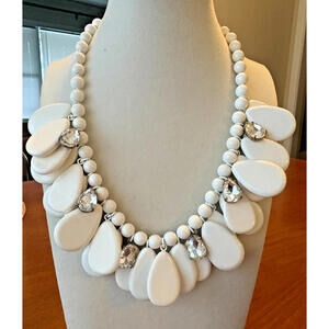 J Crew White Teardrop Faux Bead Statement Necklace w/ Crystals 16-18 In